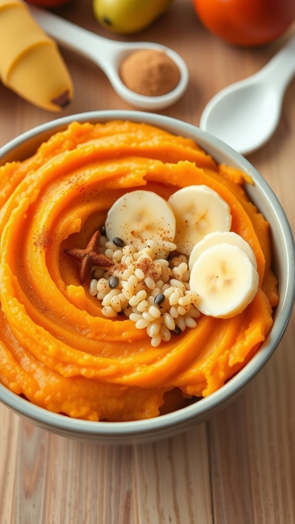 Homemade quinoa baby food with sweet potato and banana in a bowl, garnished with cinnamon, with a baby spoon nearby.